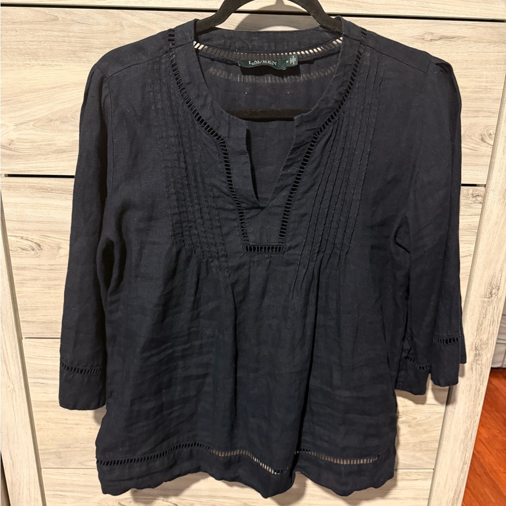 Lauren Ralph Lauren 100% Linen Navy Blue Women's Top Medium